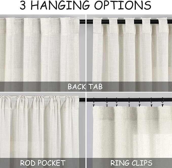 Cream Linen Back Tab Pocket Curtains 60 Inch Length - Image 3