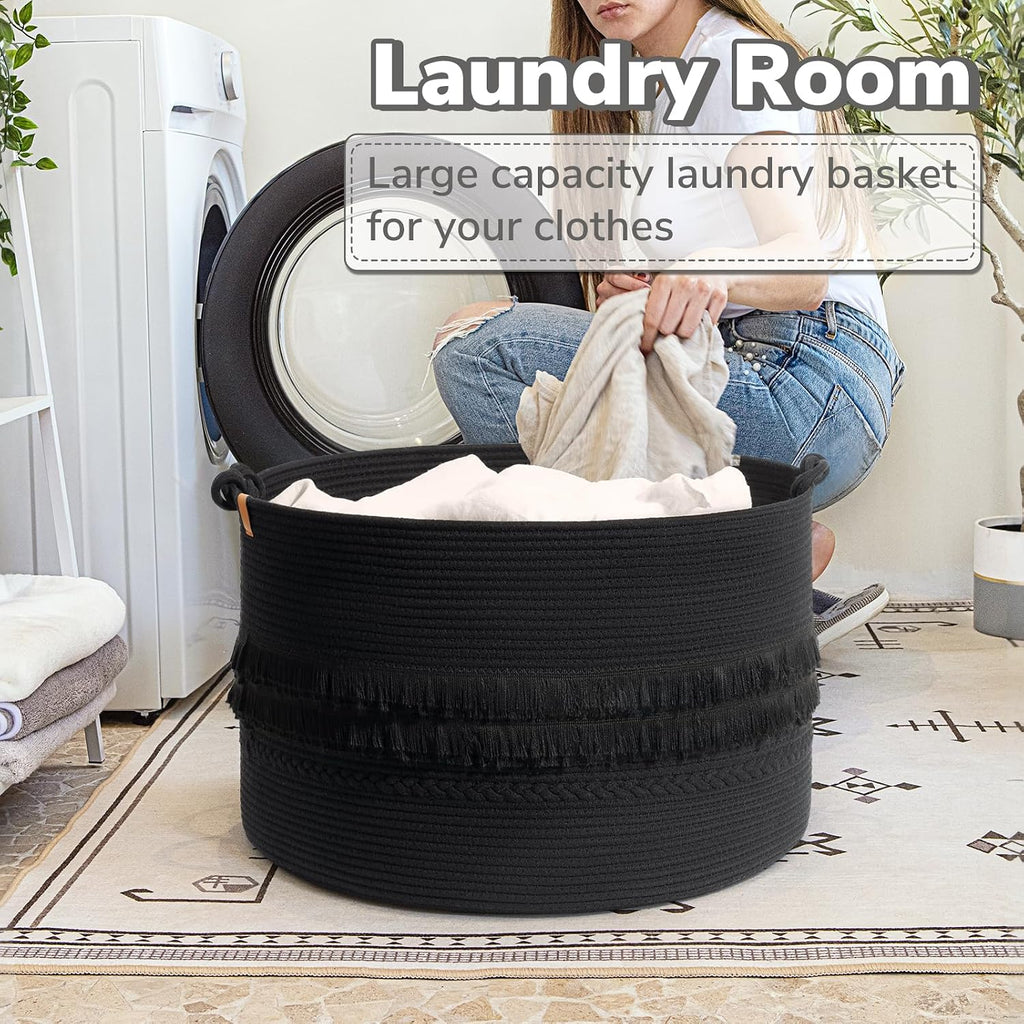 CherryNow 90L Large Woven Rope Blanket Basket with Tassel, 22" x 14", Black
