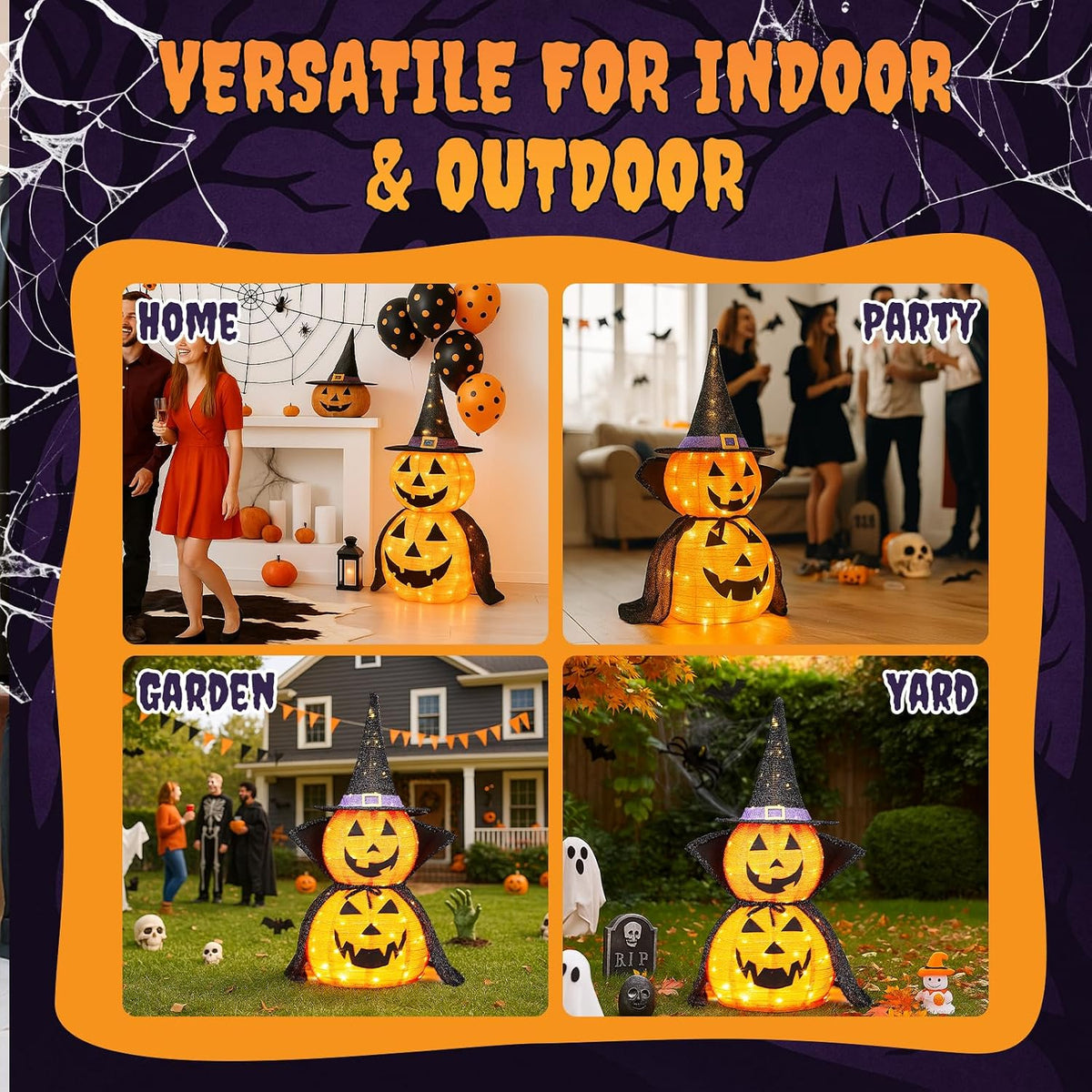 Outvita 2PC Halloween Collapsible Pumpkin Decoration, 150 LED Pop-Up Pumpkin Lamp with Star Cap, 3FT Plug in Halloween Lantern with Metal Stand for Indoor Outdoor Garden Patio Party Decor