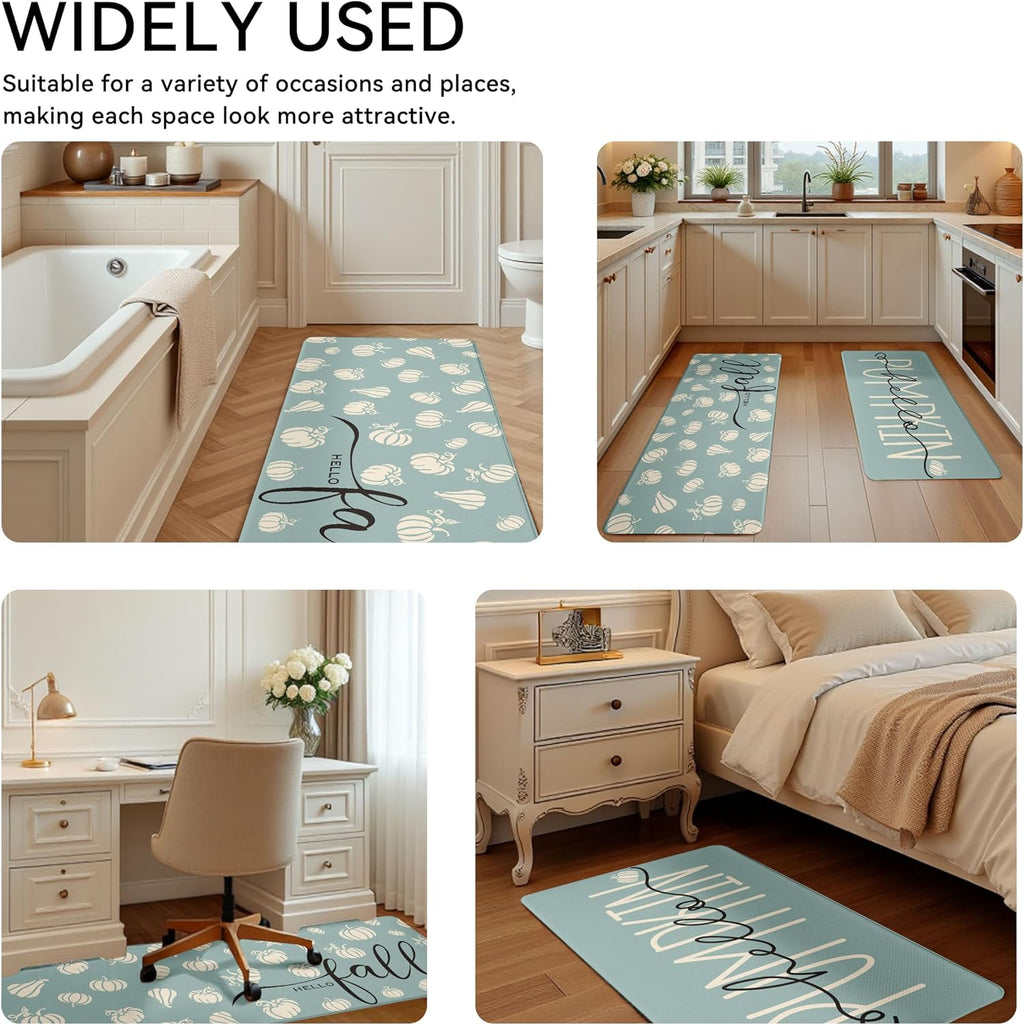 Fall Autumn Pumpkin Blue Kitchen Rug Set 2 PC, 17"x29"+17"x47"
