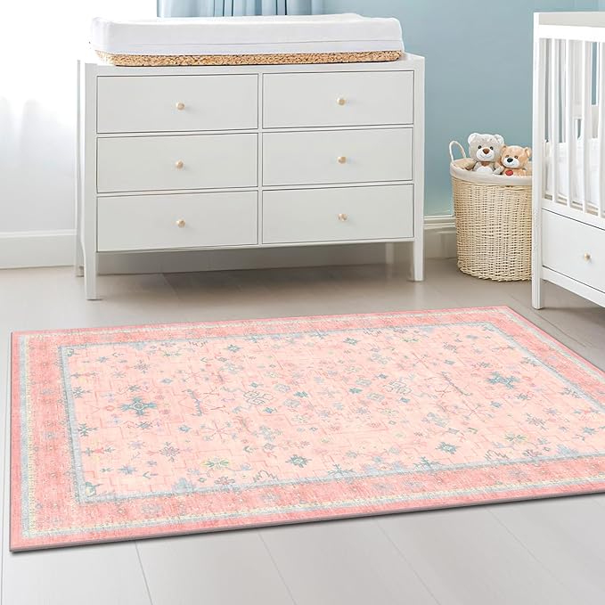 Washable 3x5 Pink Rugs for Girls Bedroom Beside Bed, Nursery Rug, Soft Faux - Image 3