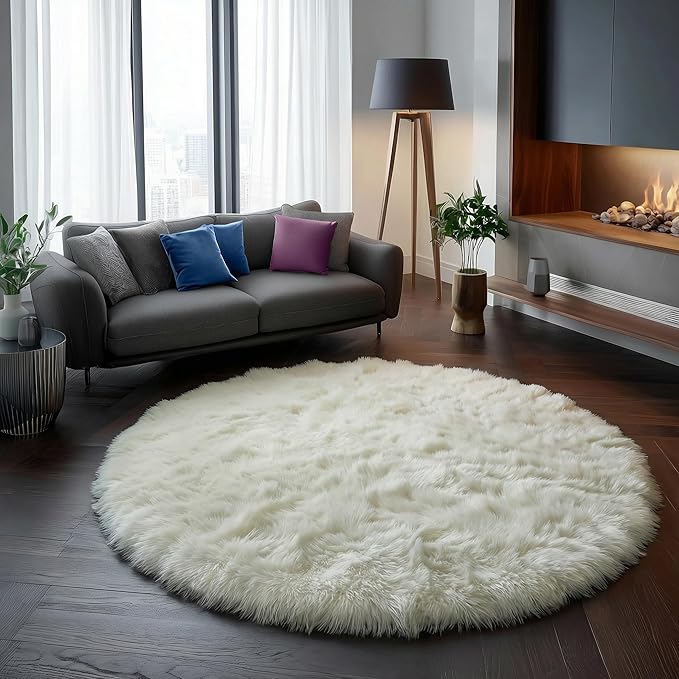Amdrebio Ivory White Round Circle Rug 6Ft by Amdrebio