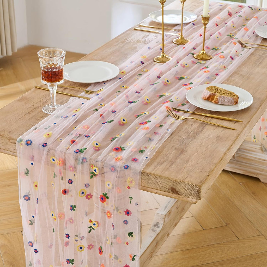 BINBE 6pcs Pink Daisy Spring Table Runner Embroidery Gauze 10FT Florals Seasonal Tulle Holiday Birthday Kitchen Dining Table Decor for Home Party