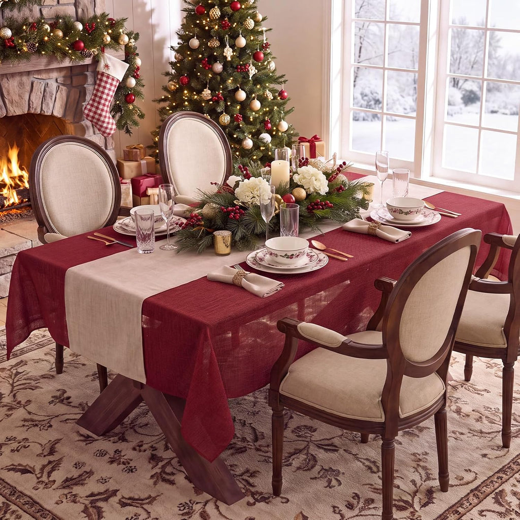 NOVILYS Red Christmas Rectangle Tablecloth with Linen Textured