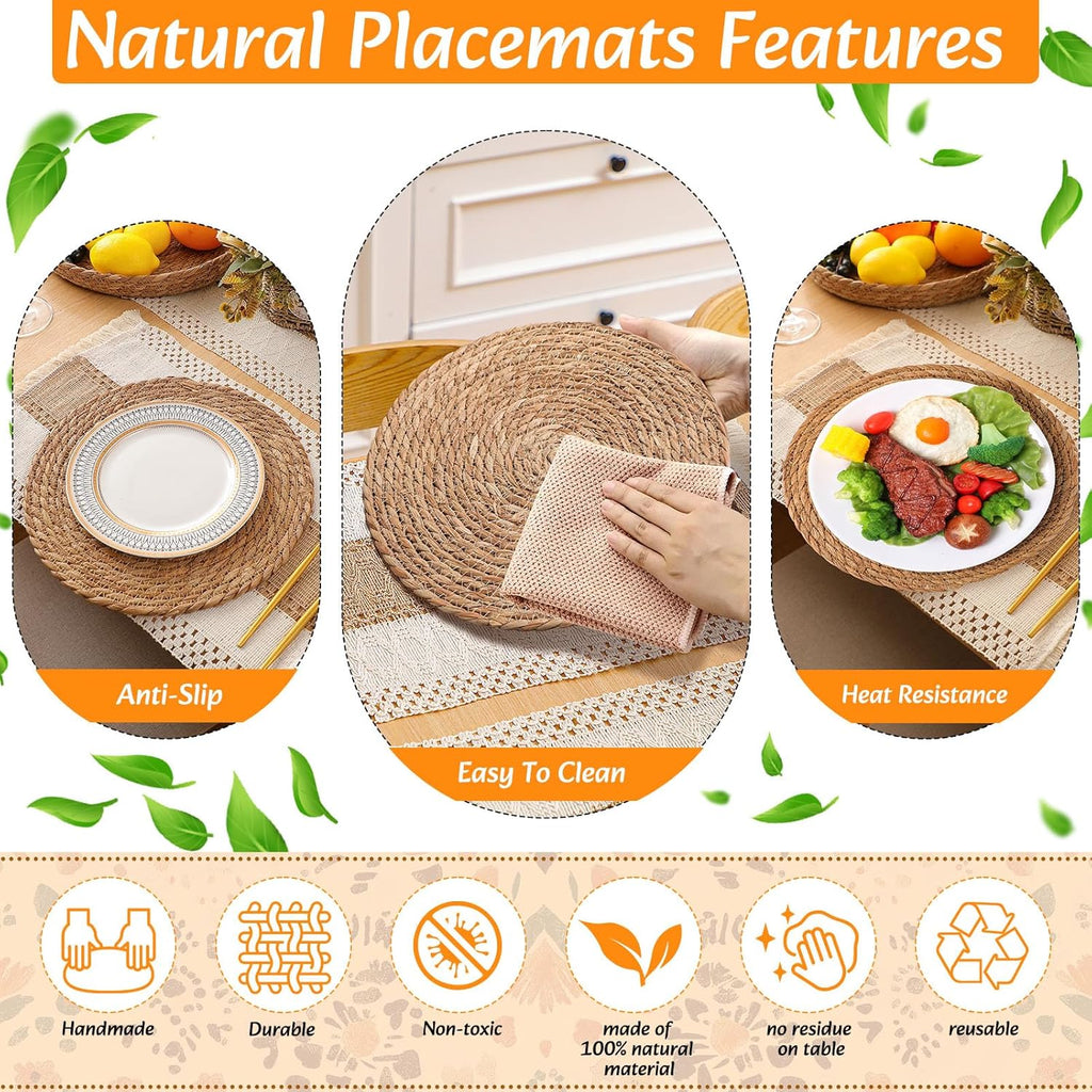 6 Sets Boho Table Runner and Woven Round Placemats Set, Khaki, 12x72