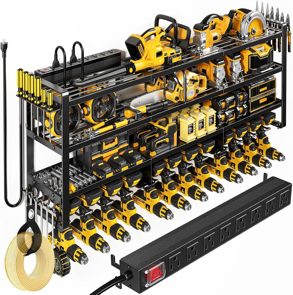 Power Tool Organizer Wall Mount with Charging Station, 4 Tier Tool Battery Storage Rack Built in 8 Outlet Power Strip for Garage, 49" W, Black Wood