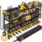 Power Tool Organizer Wall Mount with Charging Station, 4 Tier Tool Battery Storage Rack Built in 8 Outlet Power Strip for Garage, 49" W, Black Wood