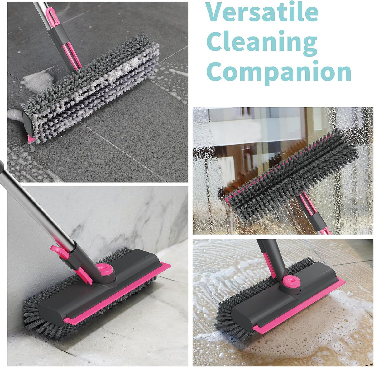 AIR U+ Floor Scrub Brush with Long Handle, 3-in-1 Rotating Head & Squeegee