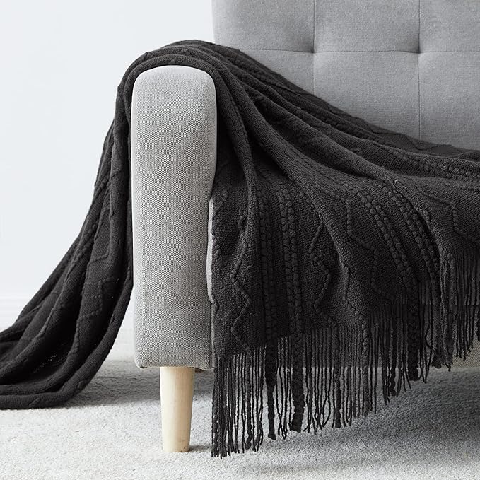 BOURINA Black Throw Blanket 50x60 Inches Throw Textured Solid Soft Sofa Couch - Image 3