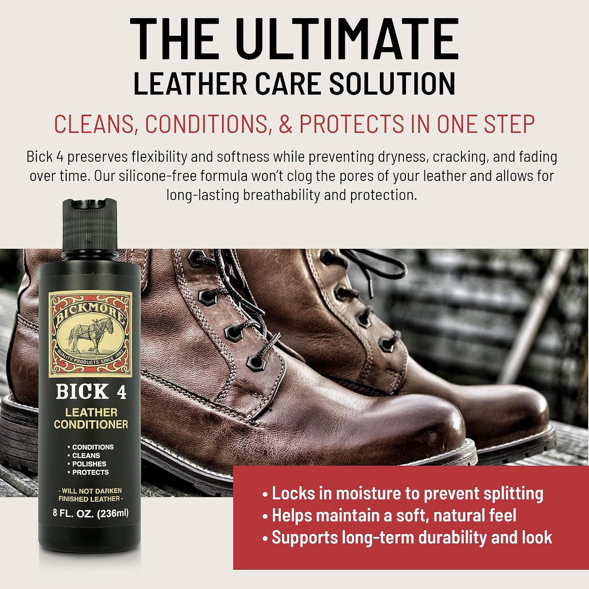 Bick 4 Leather Conditioner & Cleaner, Won't Darken Boots, Couch, Bags 8 oz