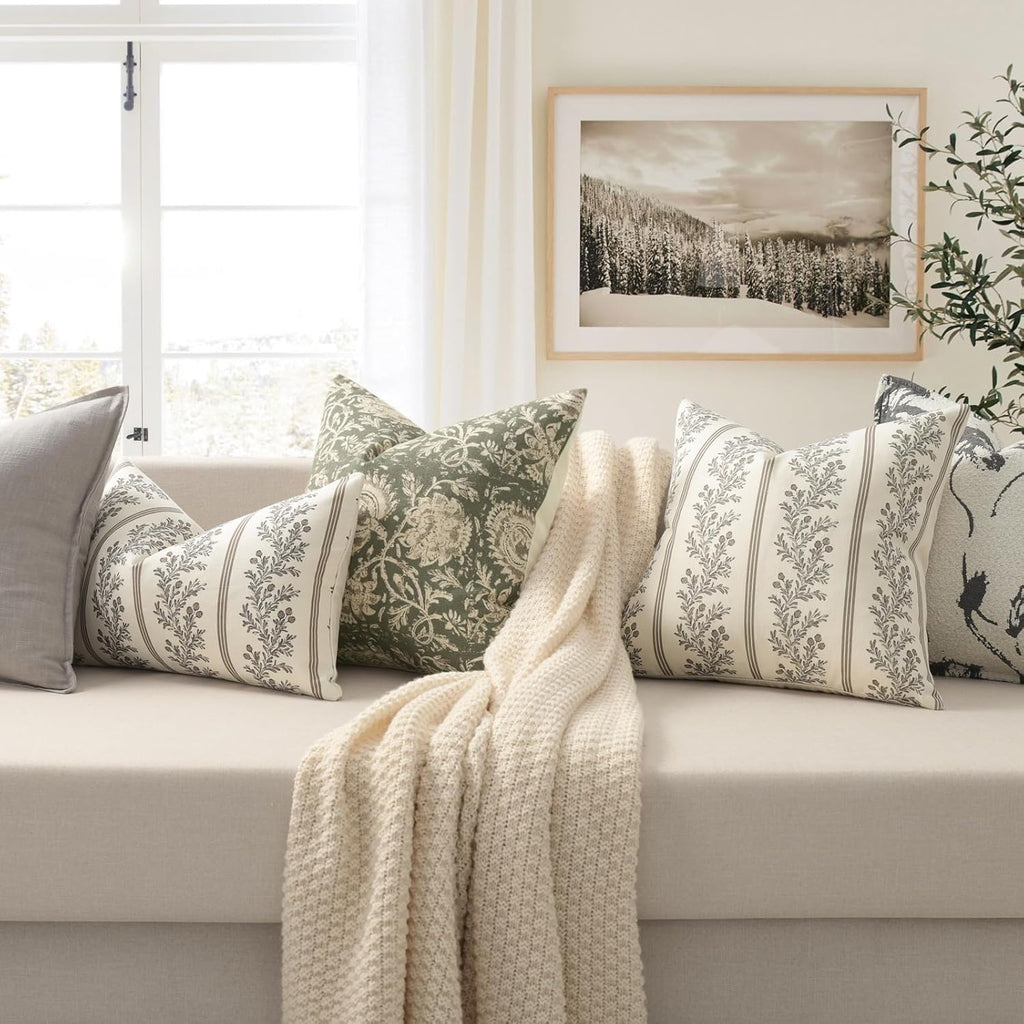 Vintage Throw Pillow Covers 18x18 Set of 2, Striped Floral Pillow Cover Botanical Patterned Decorative Cushion Covers Modern Farmhouse Home Decor for Sofa Couch Bed Living Room, Chocolate