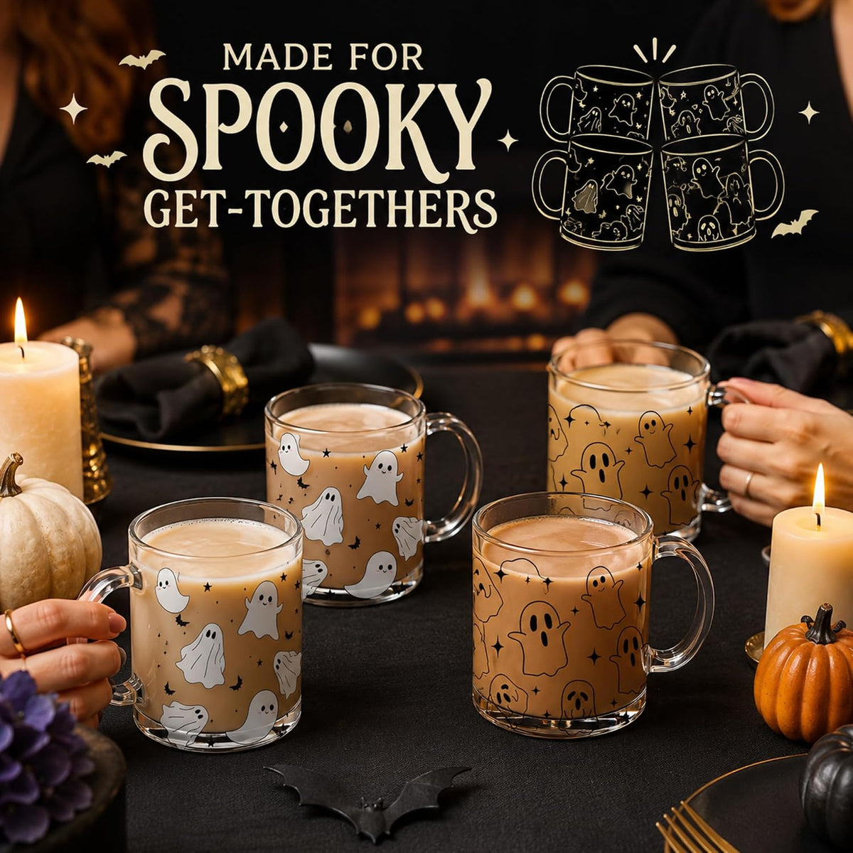 4 Pcs 12oz Halloween Ghosts Glass Coffee Mugs with Handle