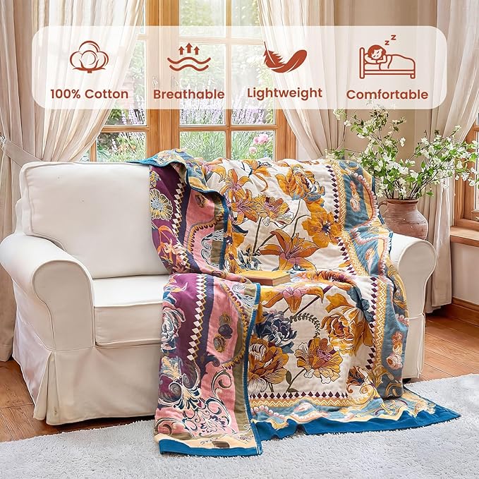 MSGKV Boho Throw Blanket 60"x80" Bed Floral 100% Cotton Blanket Spring - Image 2