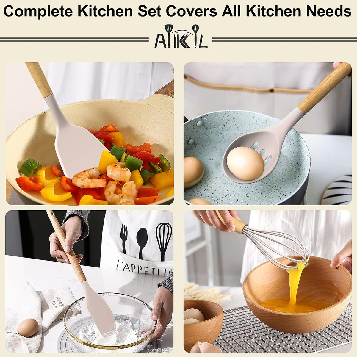 Kitchen Cooking Utensils Set, 26 Pcs Non-stick Silicone Kitchen Utensil Spatula Set with Wooden Handles, Silicone Kitchen Gadgets Utensil Set for Cookware(Khaki)