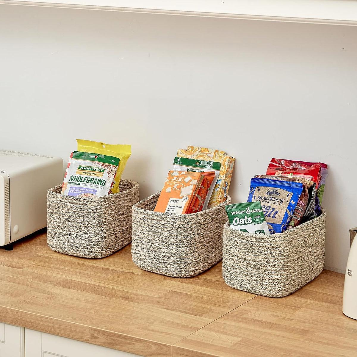 R RUNKA Small Cotton Rope Basket – Storage Bin for Organizing (10.6" x 6.7" x 6.7"), Bathroom Storage Basket for Shelf, Counter & Closet（Beige）
