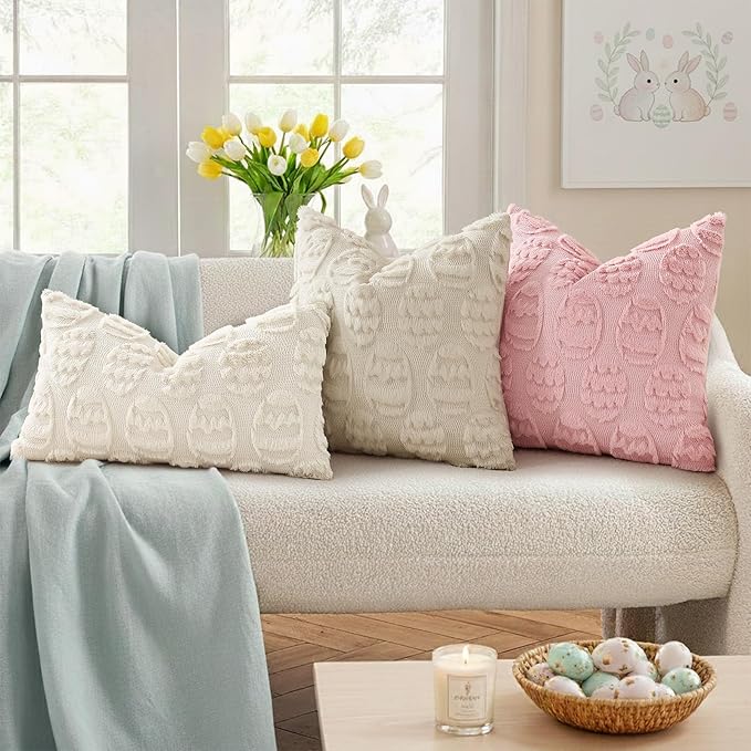 decorUhome Easter Beige Egg Pillow Covers 18x18 Inch Set of 2, Soft Plush Faux - Image 3
