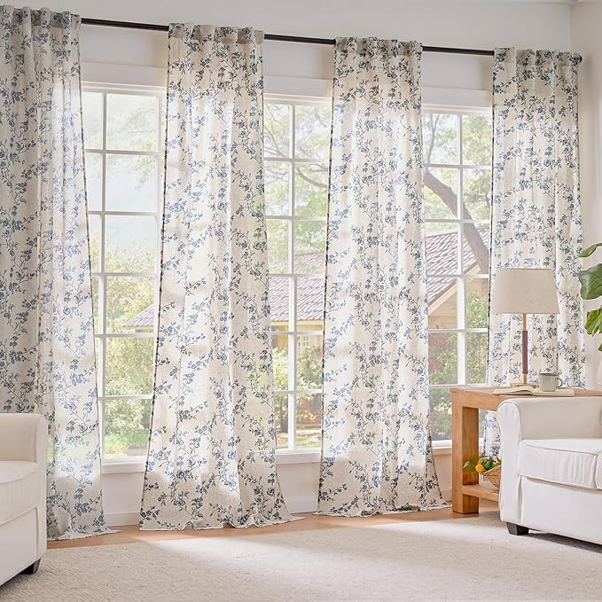 Lazzzy Blue Floral Linen Curtains 90 Inch Farmhouse Back Tab Drapes - Image 7