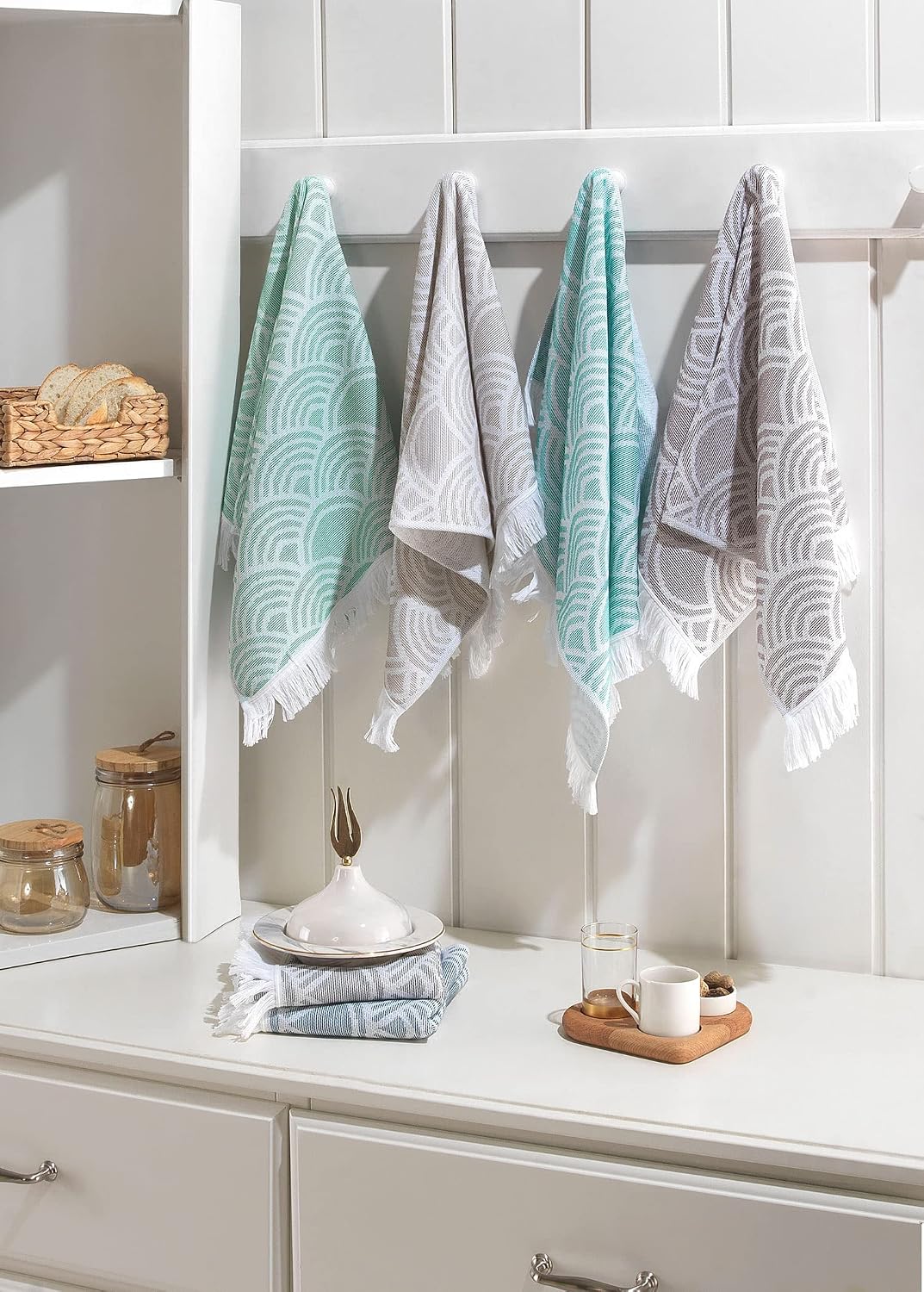 Turkish Hand Towels for Bathroom, Kitchen Towels Decorative Set of 2, Luxury Turkish Cotton Dish Tea Towels 14 x 30 Inches for Modern, Boho, and Farmhouse Decor (Beige Waves)