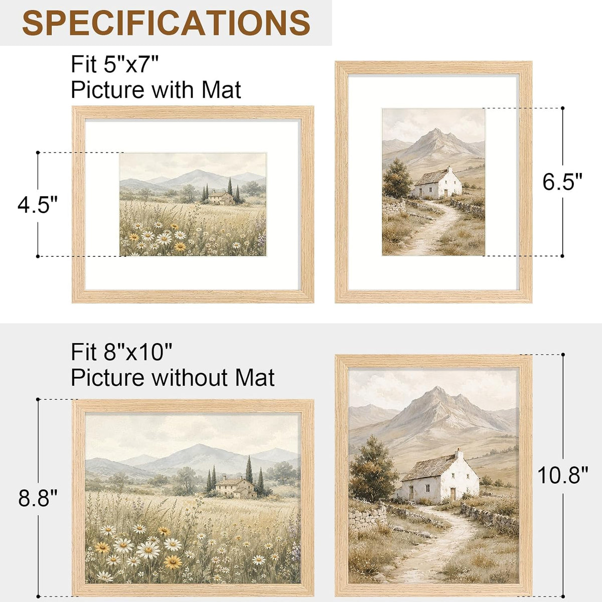 Vittanly Solid Wood 8x10 Picture Frame with Mat, Natural, 4 Pack