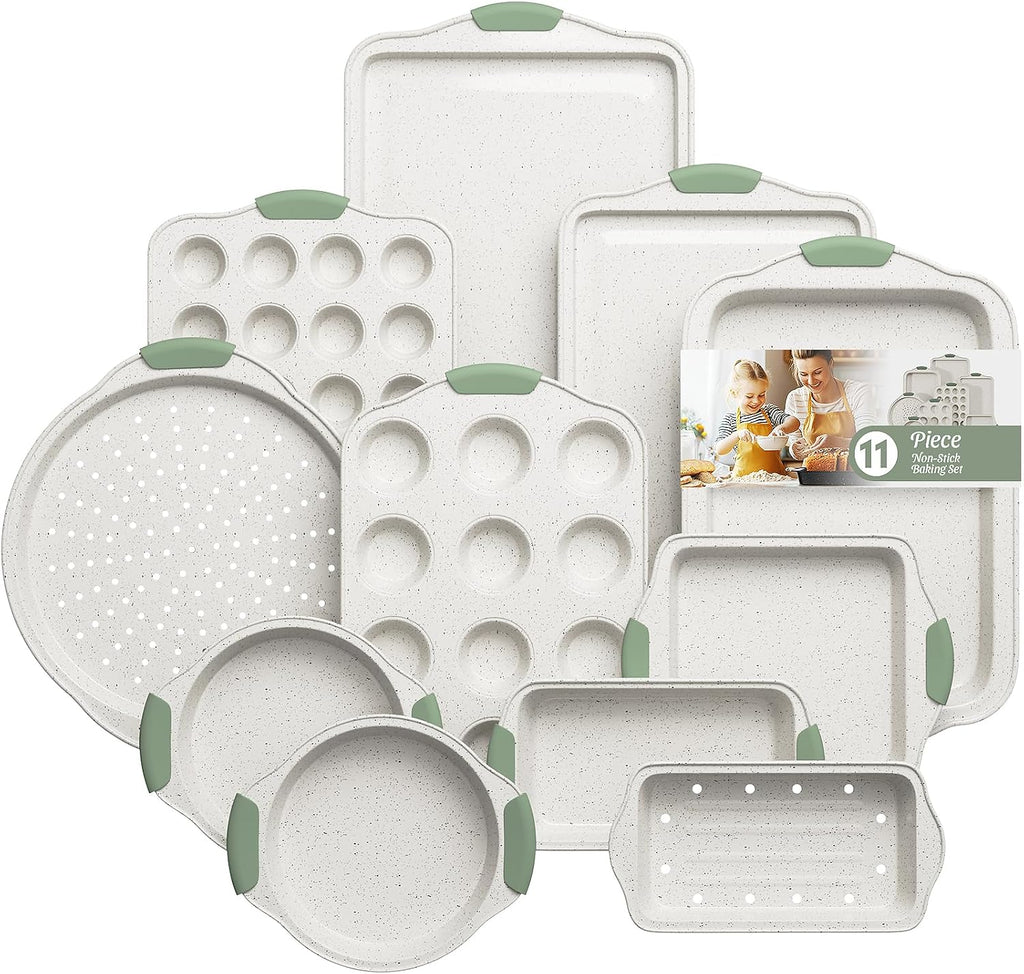 11-Piece Non-Toxic Baking Set, Stackable Nonstick Cookware, White&Green