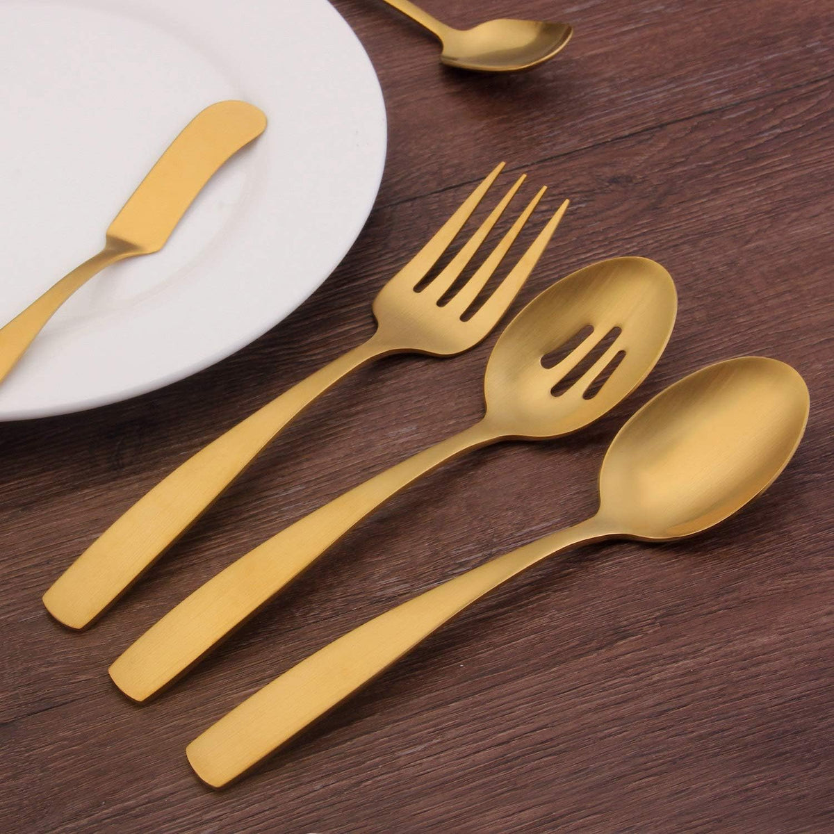 Bysta Serving Utensils Set, Matte Gold 5-Piece Hostess Set, Stainless Steel Silverware Flatware Cutlery Serving Set, Satin Finish, Dishwasher Safe