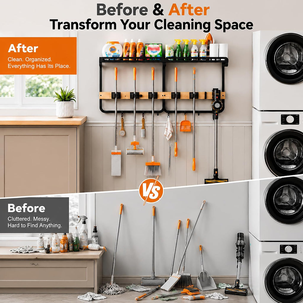 Mop and Broom Holder Wall Mount with Railing Shelf,3-in-1 Cleaning Storage Organizer,Storage Rack with Vacuum holder 5 Grips 6 Hooks for Laundry Utility Garages Closet,