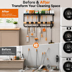 Mop and Broom Holder Wall Mount with Railing Shelf,3-in-1 Cleaning Storage Organizer,Storage Rack with Vacuum holder 5 Grips 6 Hooks for Laundry Utility Garages Closet,
