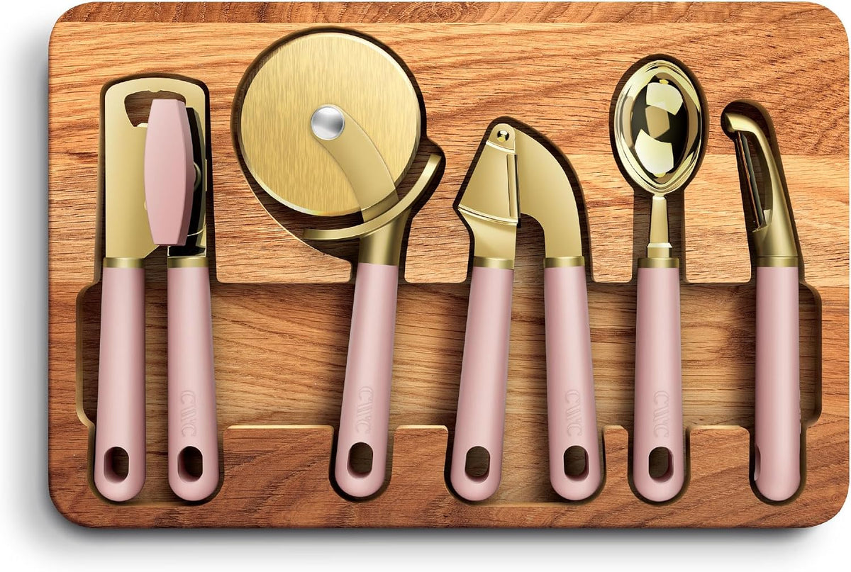 COOK WITH COLOR 6-Piece Kitchen Tool Set with Acacia Wood Cutting Board, Can Opener, Pizza Cutter & Prep Essentials, Blue