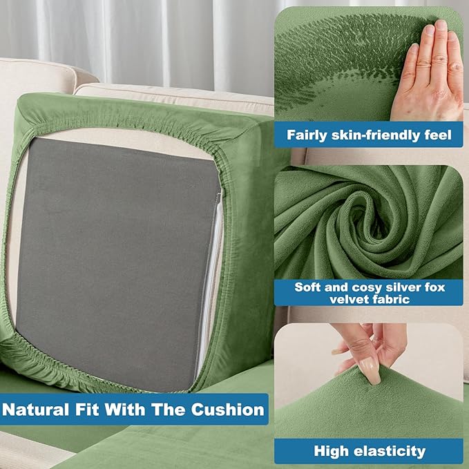 Couch Cover 3-Piece Elastic Velvet Couch Cushion Covers & Chaise Slipcovers - Image 5