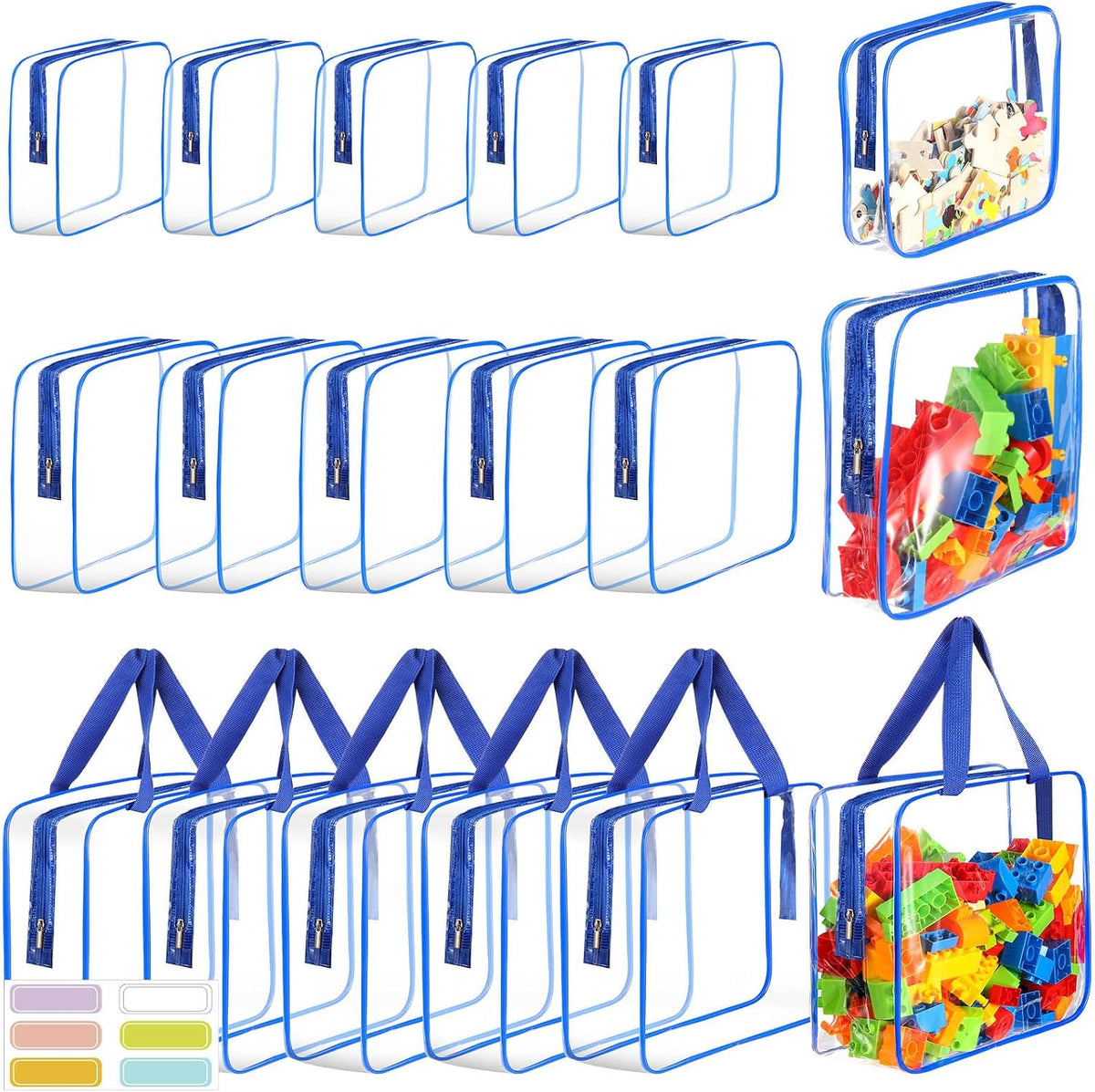 10 Packs Large Toy Storage Bags with Labels, Waterproof Clear PVC Storage Bags for Toys, Travel Organizer Bags with Zipper Closure for Puzzles, Building Blocks, Kids' Books
