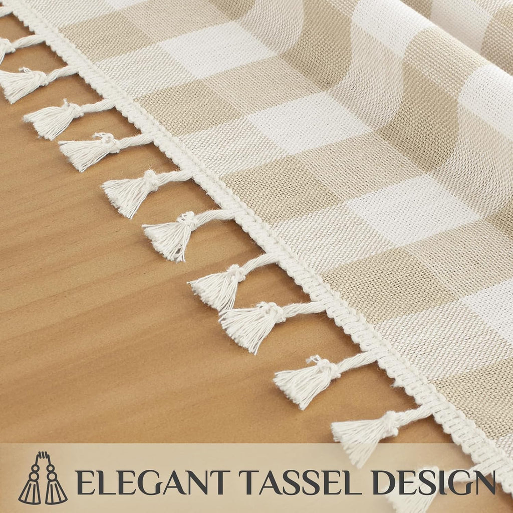 Softalker Gingham Rectangle Tablecloth with Tassel, Beige Cream, 55" x 84"