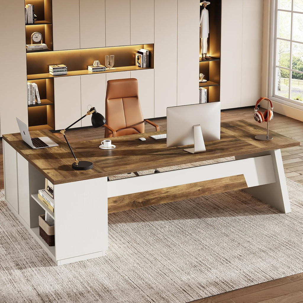 Tribesigns 78" L-Shaped Executive Desk, Large Modern Office Desk with Drawers and Lateral File Cabinet, Business Furniture with Storage Shelves, Big Computer Desk for Home Office (Brown + White)