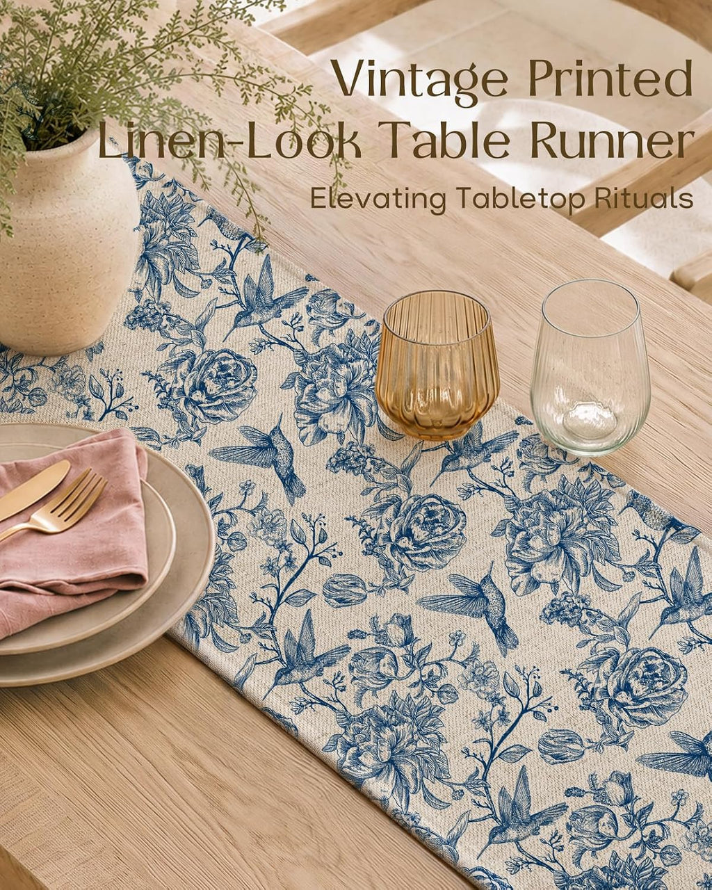 Poly and Linen Blend Table Runner, Porcelain Garden