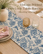 Poly and Linen Blend Table Runner, Porcelain Garden