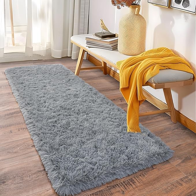 Fluffy Shag Runner Rugs for Bedroom Hallways, 2x8 Grey Long Soft Throw Area Rug - Image 2