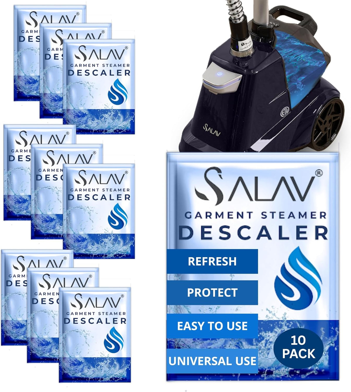 SALAV Garment Steamer Descaler Solution, Limescale & Mineral Buildup Remover, Universal Steamer Cleaner Packets, Monthly Appliance Care for Standing Clothes Steamers, 3pc Set