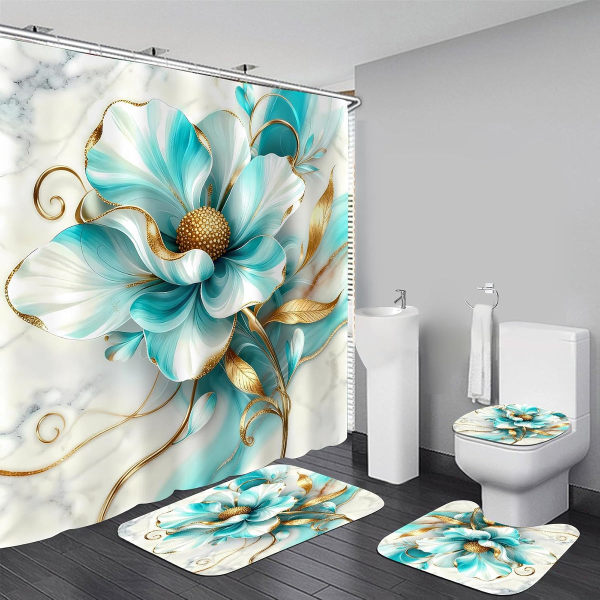 AZHM 4pcs Pink Marble Floral Bathroom Shower Curtain Set with Rugs