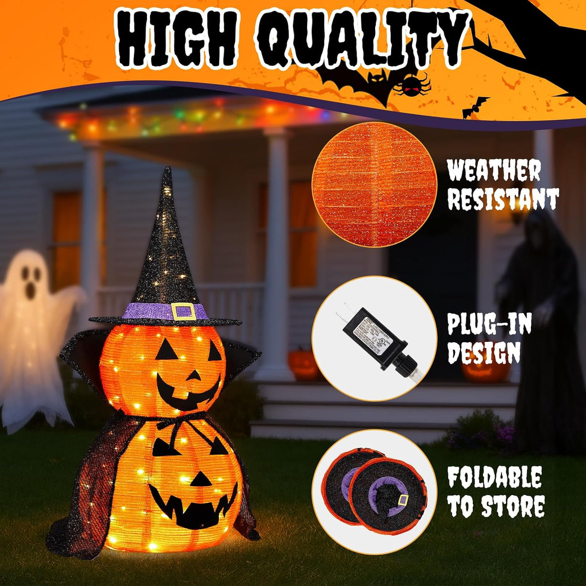 Outvita 2PC Halloween Collapsible Pumpkin Decoration, 150 LED Pop-Up Pumpkin Lamp with Star Cap, 3FT Plug in Halloween Lantern with Metal Stand for Indoor Outdoor Garden Patio Party Decor