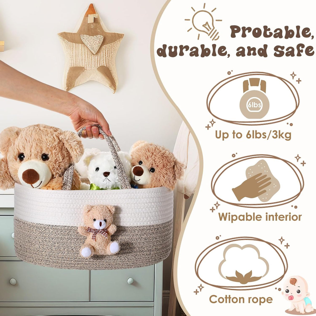 FoldTier Diaper Caddy Organizer Teddy Bear Basket for Nursery with Handle Baby Shower Storage Bin Portable Cotton Rope Gift Bag for Changing Table Cart Car Baby Wipes Newborn Essentials(Gray White)