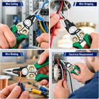 8‑in‑1 Wire Stripper Pliers, Non‑Contact Voltage Tester, Multi‑function electrician pliers for stripping cutting crimping, 12‑250V tester, fits auto HVAC home wiring maintenance, Green&Black