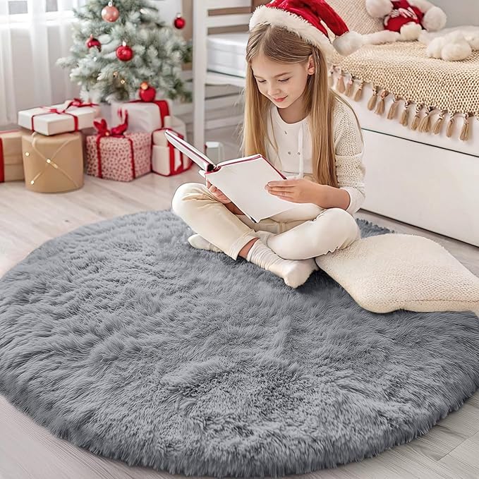 OLANLY Light Grey Round Rugs for Bedroom by OLANLY