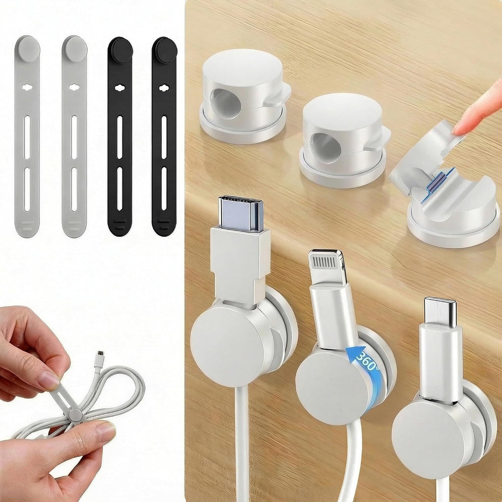 14 Pack Rotatable Cable Clips & Silicone Cable Straps Set