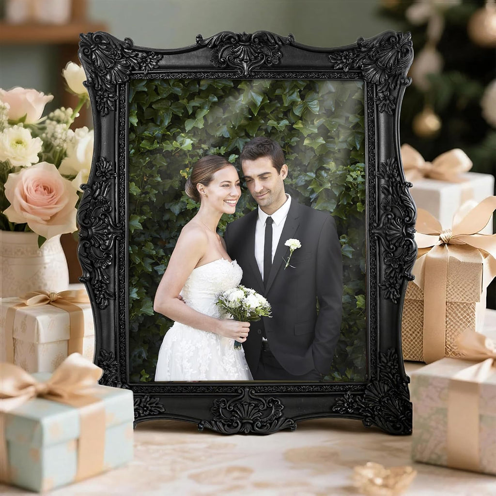 Picture Frame,Vintage Black Ornate Textured Hand-Crafted Resin Photo Frame with Easel & Hook for Tabletop & Wall Display, Retro Design Home Decor (Black, 8x10inch)