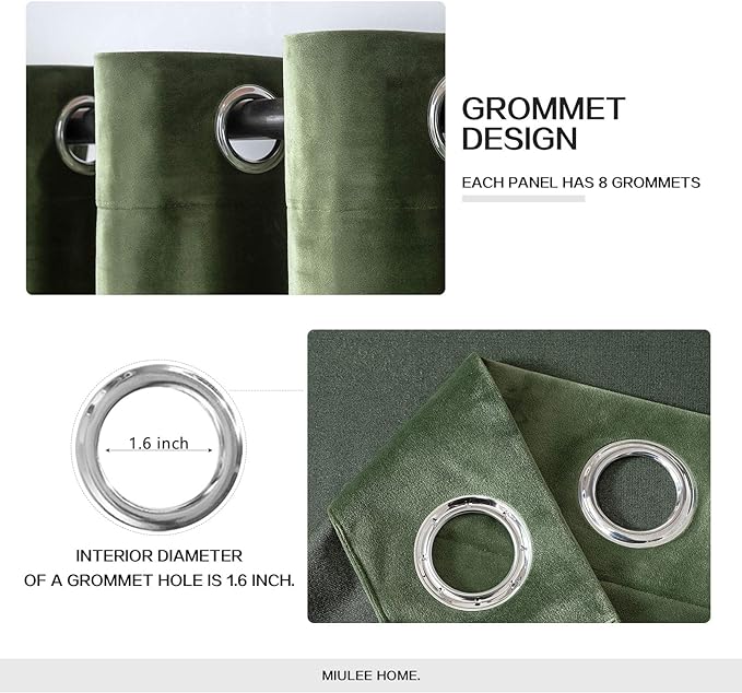 MIULEE Velvet Curtains Olive Green Elegant Long Grommet Curtains Black Out - Image 2