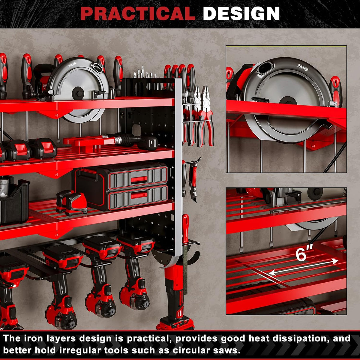 Cordless Power Tool Organizer Wall Mount, 6 Drill Holders, Red