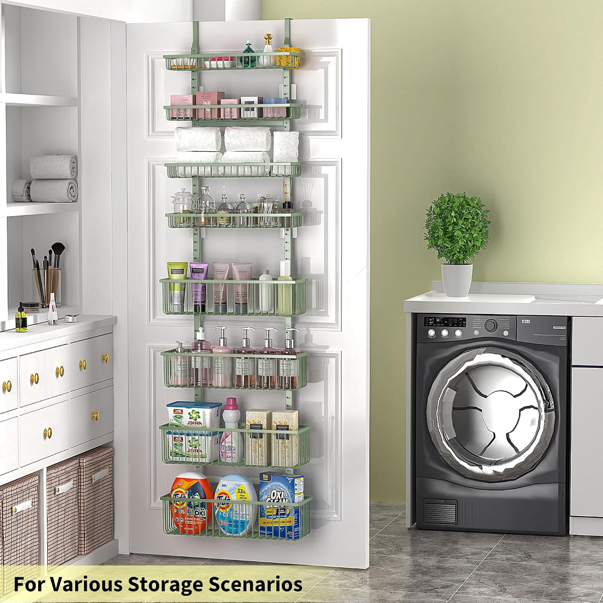 Moforoco Sage Green Over The Door Pantry Organizer, Pantry Door Organizer Shelves, Kitchen Organizers and Storage, Hanging Basket Wall Spice Rack Seasoning Shelves