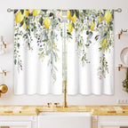 Eucalyptus Botanical Leaves Yellow Lemon Kitchen Window Curtains Herb Plant Floral Fruit Small Window Treatment Sage Green Cafe Short Curtains for Bathroom Treatment Tier Drapes 27.9x39 inch