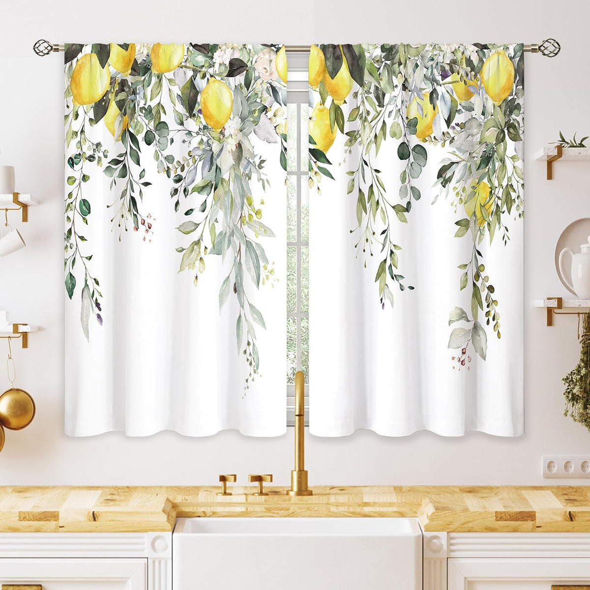 Eucalyptus Botanical Leaves Yellow Lemon Kitchen Window Curtains Herb Plant Floral Fruit Small Window Treatment Sage Green Cafe Short Curtains for Bathroom Treatment Tier Drapes 27.9x39 inch