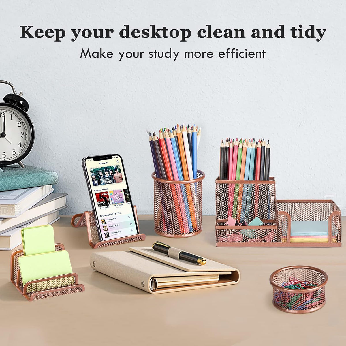 Desk Organizers Set with Mesh Pen Holder Cup, Rose Gold