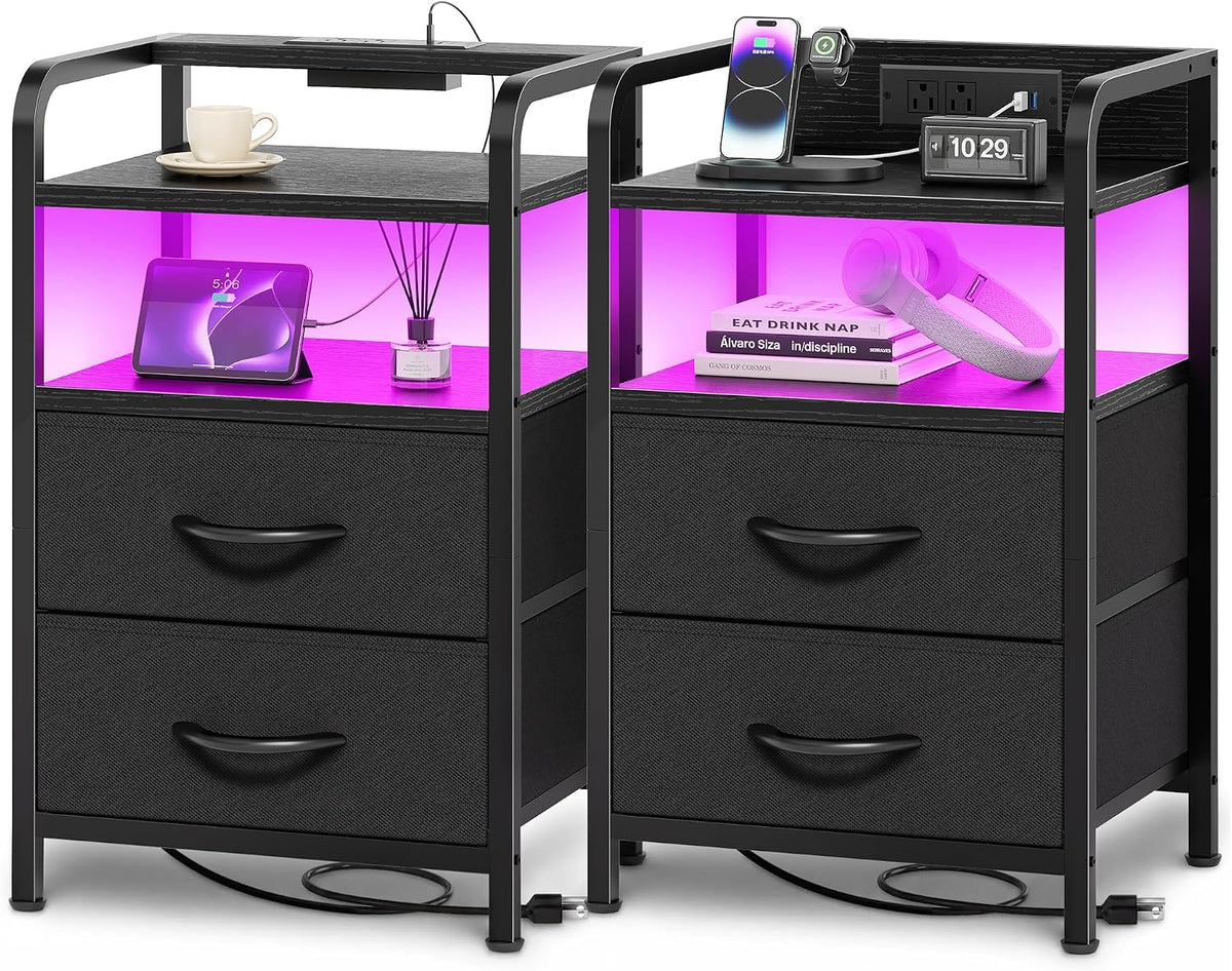 Huuger Nightstands Set of 2, Night Stand with LED Lights, Charging Station